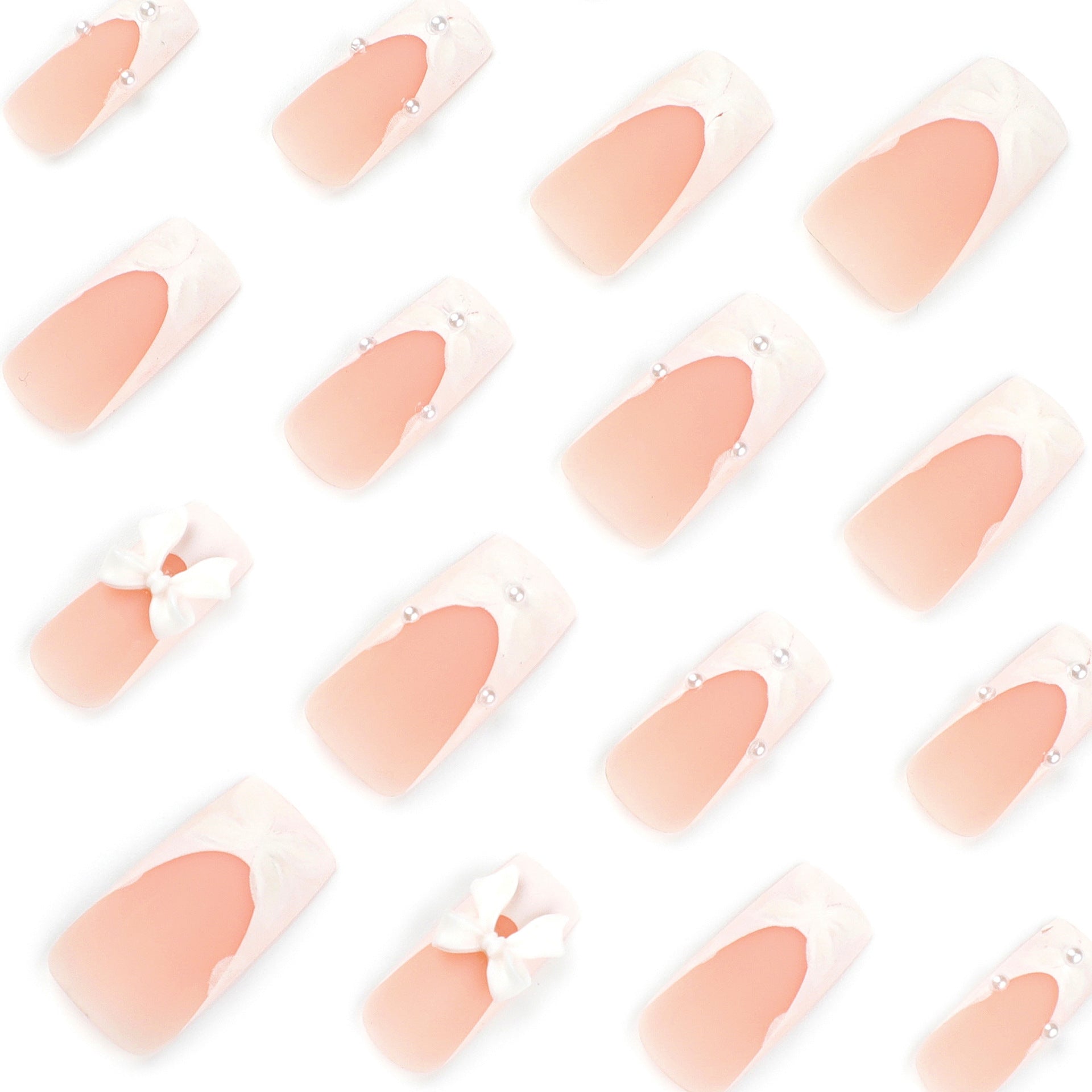 Long Coffin Luxe Bridal Press-On Nails – Nude White with 3D Bows & Pearl Accents