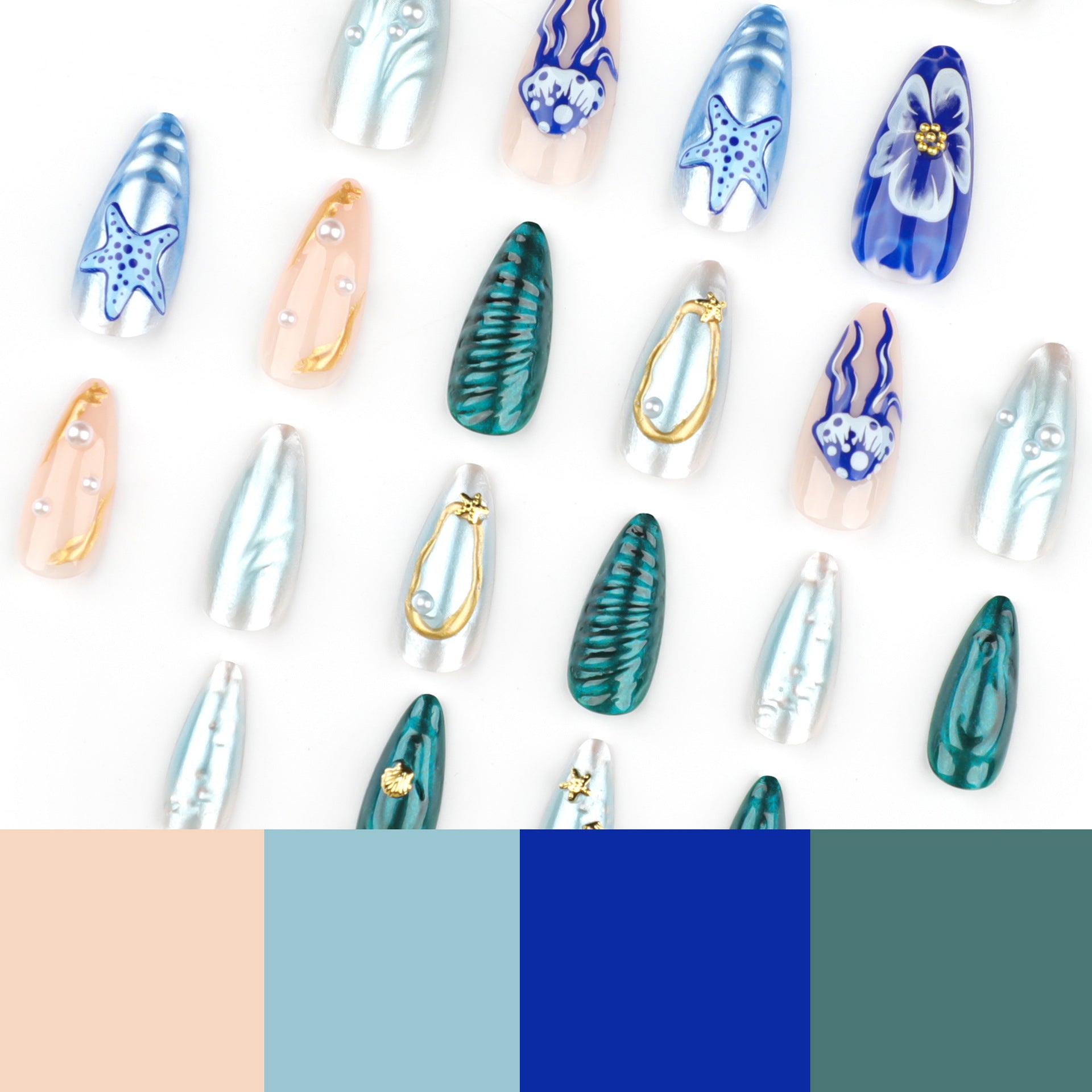 3D Ocean-Themed Press-On Nails – Sea Shell & Pearl Design Acrylic Nail Set