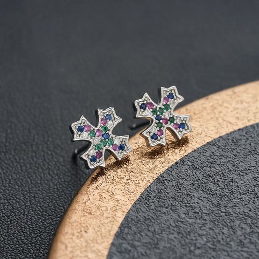 Unisex Colored Diamond Cross Earrings – Trendy Studs