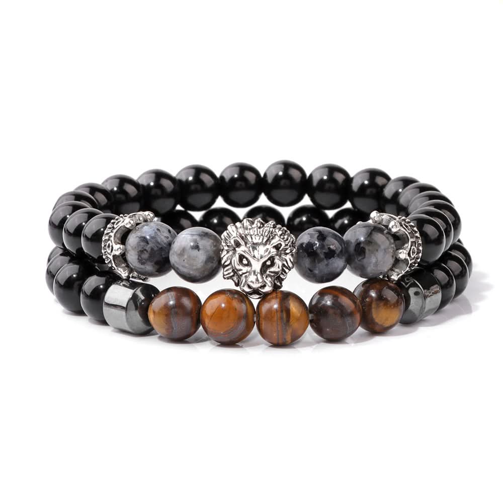 Unisex Double-Layer Lion Agate Bead Bracelet – Retro Black Stone