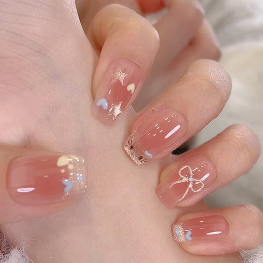 Glossy Gradient Square Press-On Nails with Hearts & Stars – Cute Glue-On Set