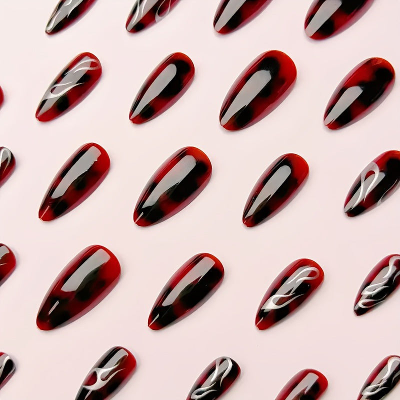Claret Press-On Nails with Silver Swirl, Long Stiletto Acrylic Glue-On Set