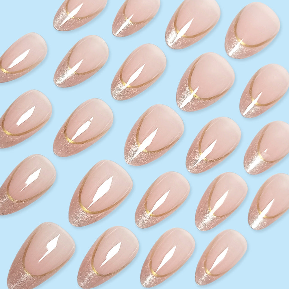 Gold Accent Press-On Nails – Medium Almond Acrylic Nail Set, Nude French Tips