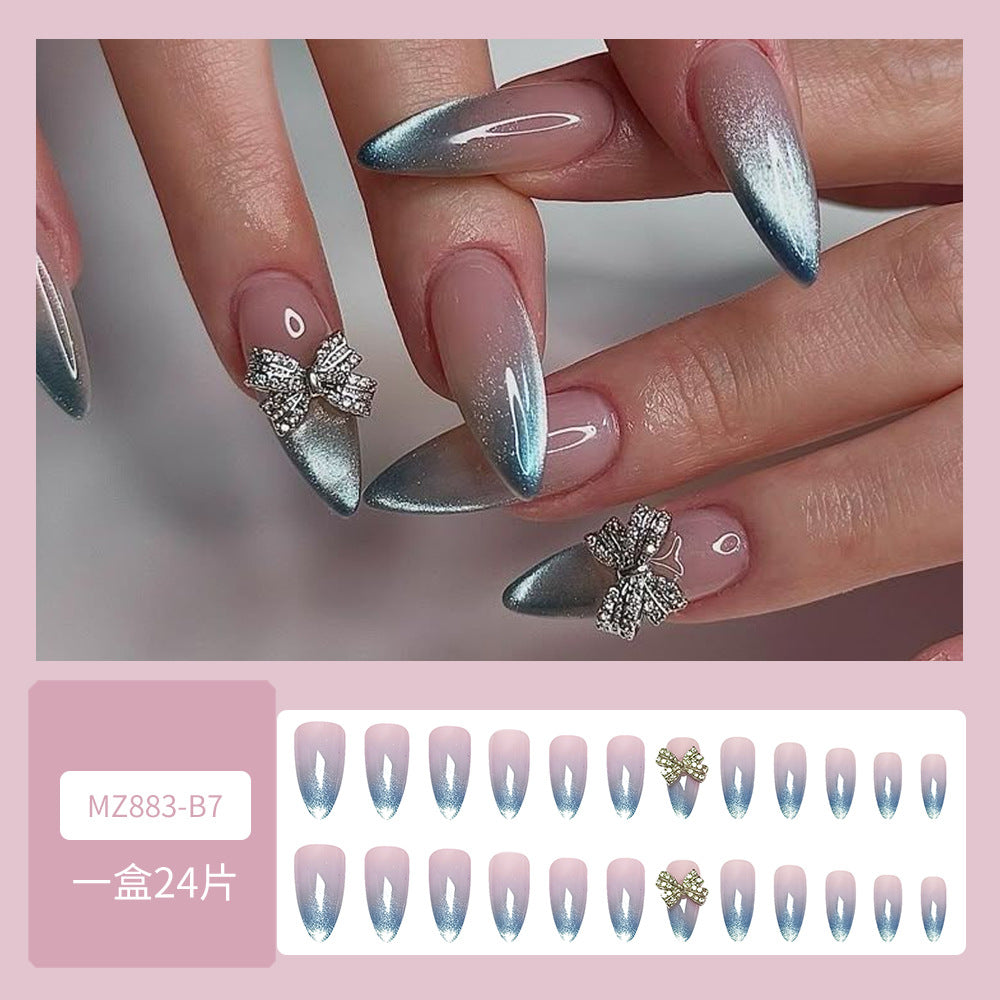 Blue Ombre Glitter Press-On Nails with 3D Bow – Long Stiletto Acrylic Set