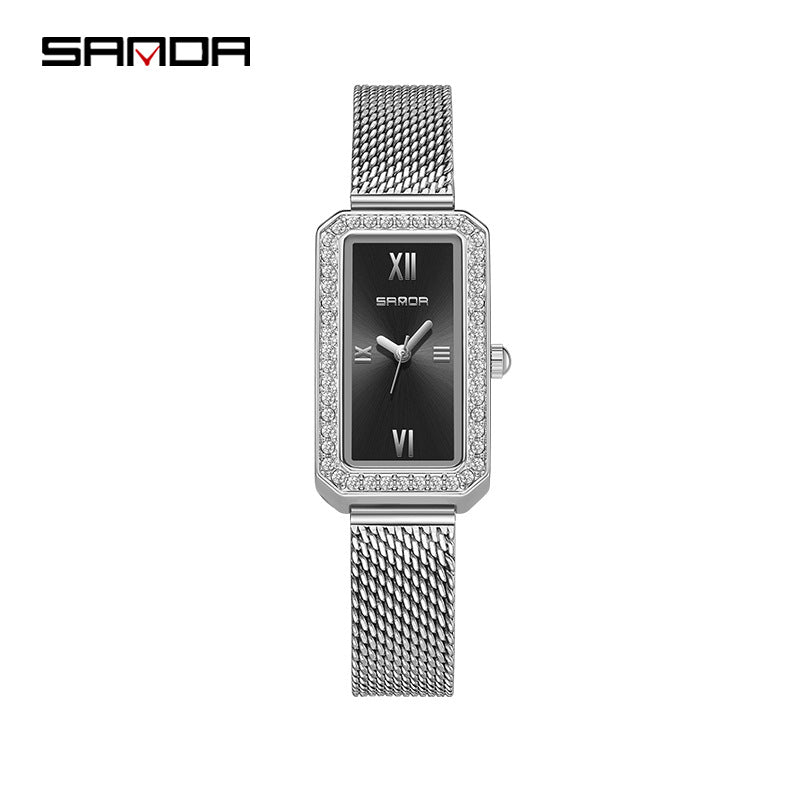 SANDA Women's Quartz Watch – Retro Diamond-Accented, Mesh Steel Band