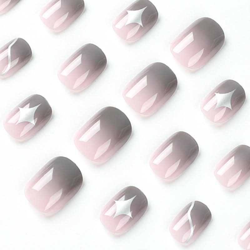 Nude Pink & Gray Gradient Press-On Nails – Short Oval, Glossy Star Design