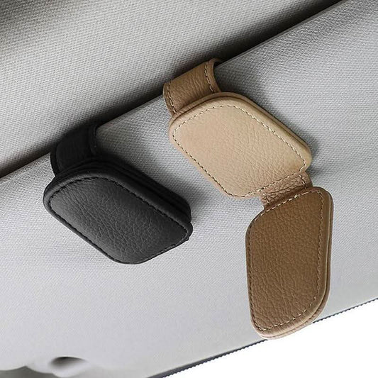 2-Piece Leather Car Sunglasses Holder | Sun Visor Clip for Glasses & Cards