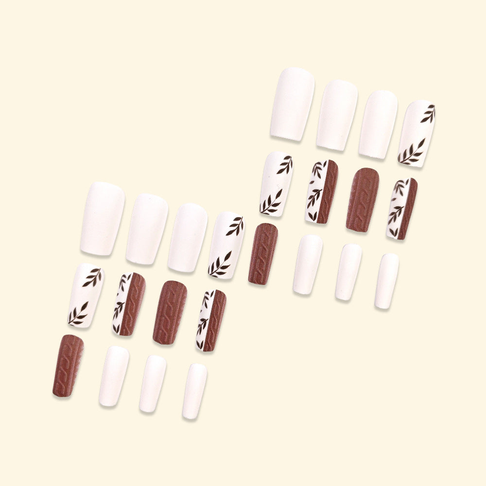 Leaf Press-On Nails – Long Square Matte Acrylic Nail Tips, Earthy Textured Glue-On Set