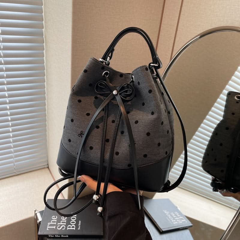 Women’s Canvas Polka Dot Bucket Bag – Drawstring Backpack Bag
