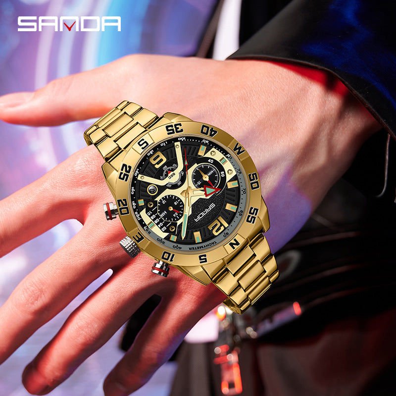 SANDA Men’s Quartz Watch – Three-Eye Steel Band Fashion Shockproof Timepiece