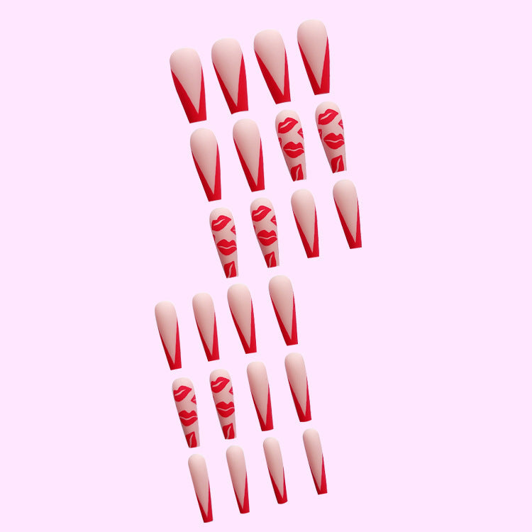 Valentine’s Lips Press-On Nails – Long Matte Finish Stiletto Nude & Red Acrylic Tips