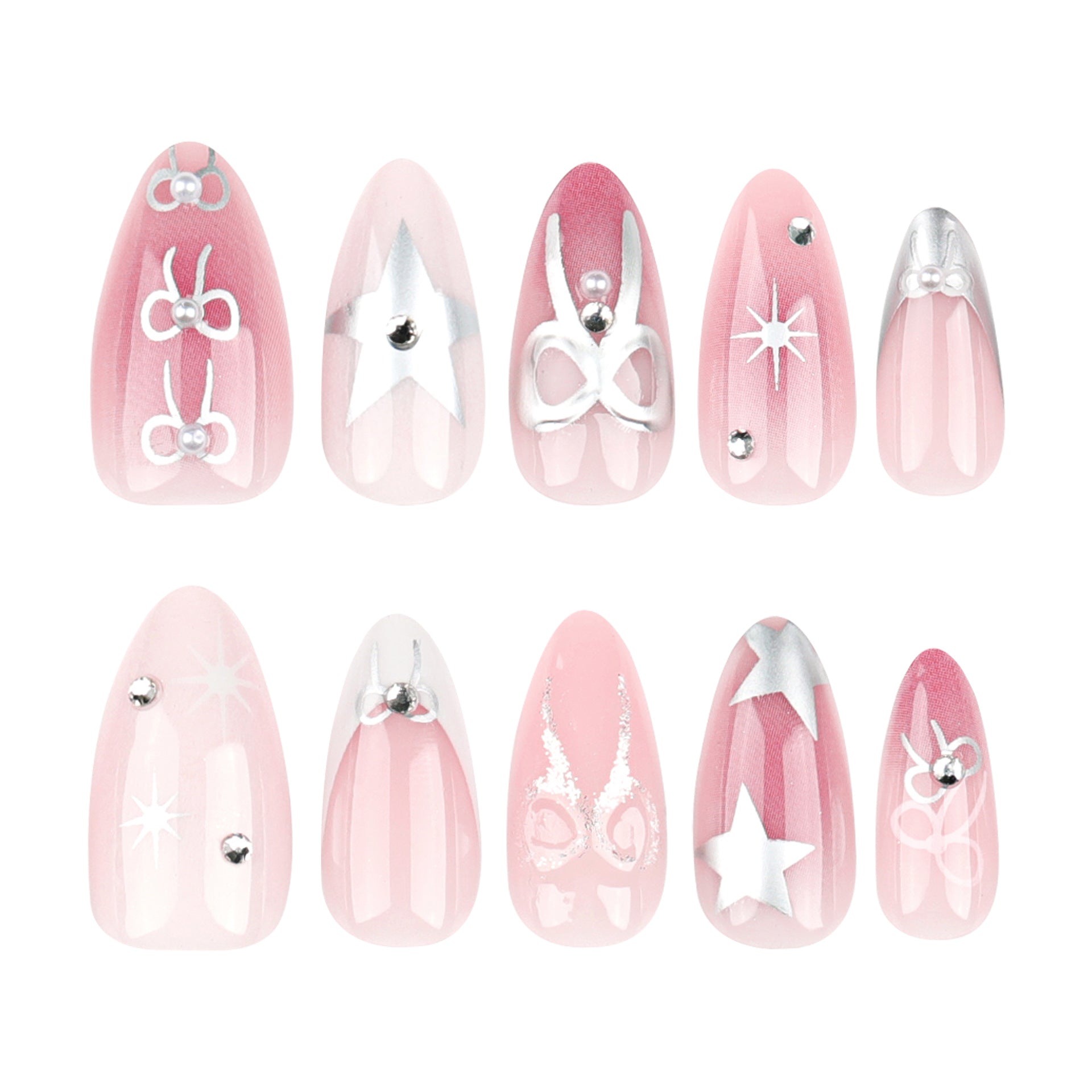 3D Pink Almond Press-On Nails with Stars & Bows – Glossy Metallic Acrylic Tips