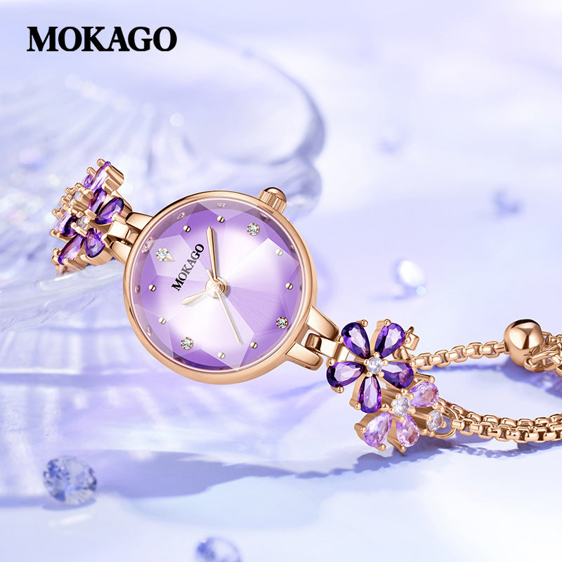 Mokago Violet Flower Women’s Watch – Luxury Crystal Bracelet Quartz Watch