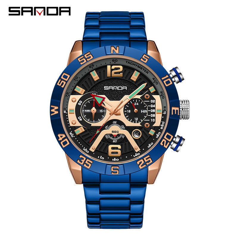 SANDA Men’s Quartz Watch – Three-Eye Steel Band Fashion Shockproof Timepiece