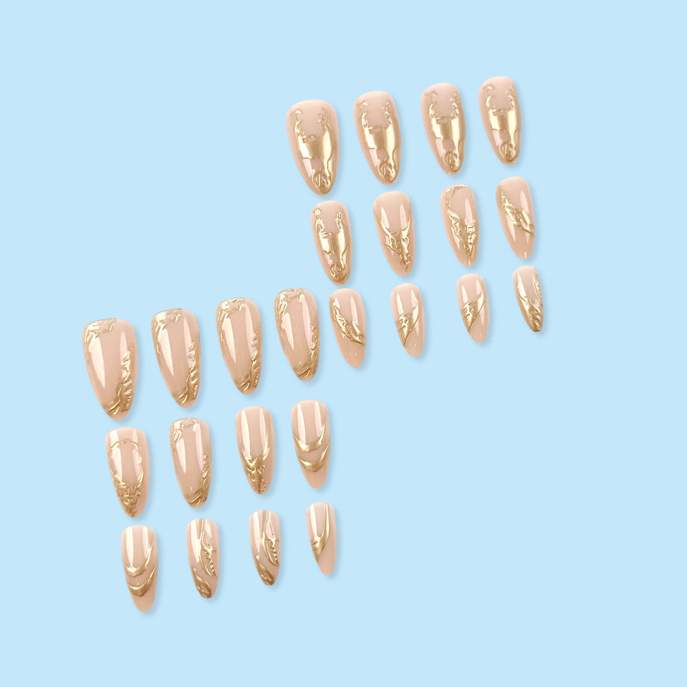 3D Gold Marble Press-On Nails – Long Stiletto Acrylic Nail Set, Nude Abstract Design