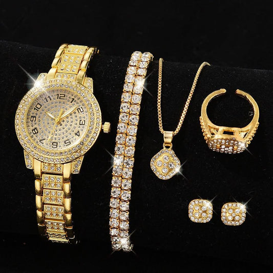 Luxury Full-Diamond Steel Quartz Watch – Roman Numerals, Hip-Hop Style Bracelet Set