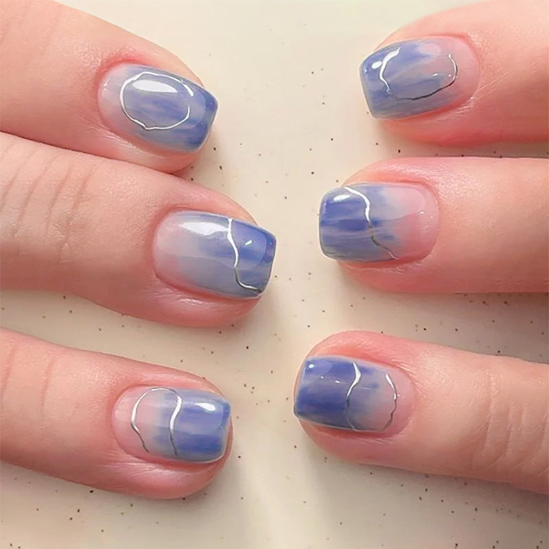 Blue Marble Press-On Nails – Short Square Artistic Swirl Design, Glossy Finish