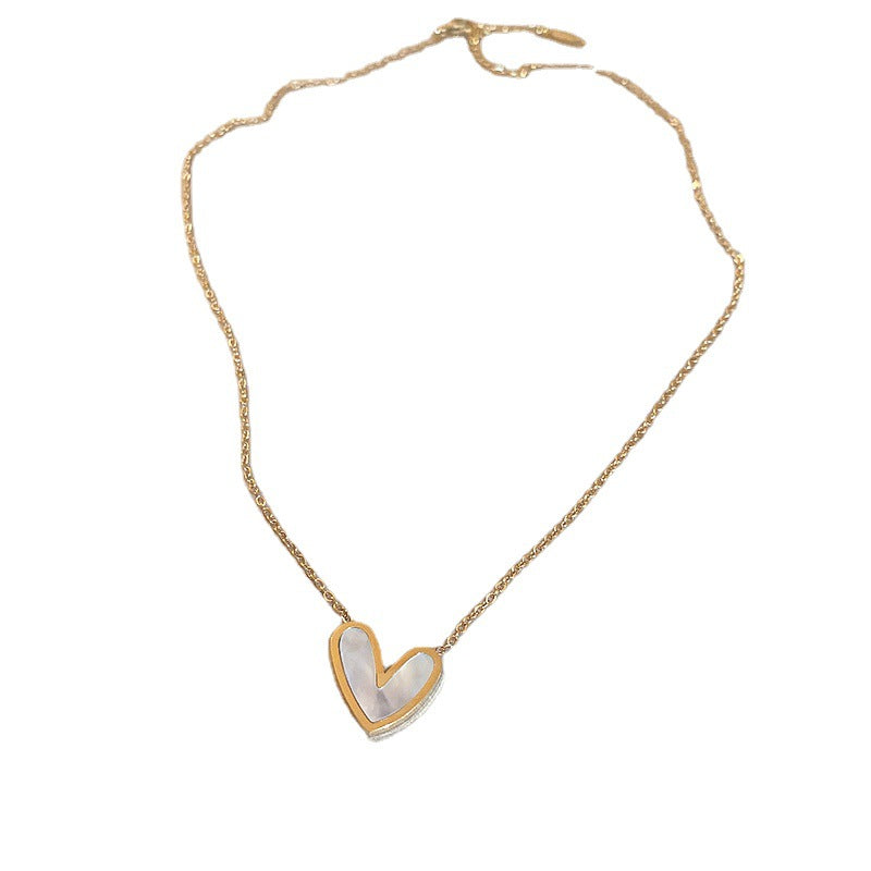 Mother-of-Pearl Heart Pendant Necklace – Gold Titanium Steel Clavicle Chain for Women