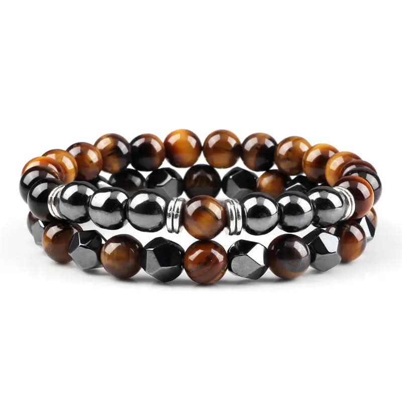 Natural Tiger Eye & Black Agate Beaded Bracelet Set