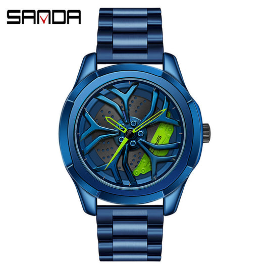 Sanda Men's Quartz Watch – Hollow Wheel Dial, Stainless Steel Strap, Waterproof Timepiece