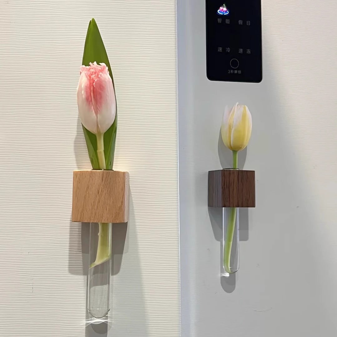 Magnetic Wooden Flower Vase – Test Tube Fridge Decor, Solid Wood Mini Planter