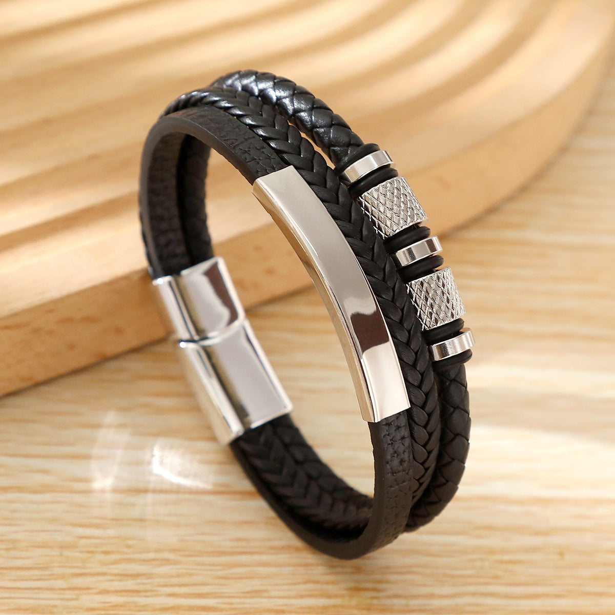 Men’s Leather Bracelet – Geometric Multi-Layer Design with Magnetic Alloy Clasp