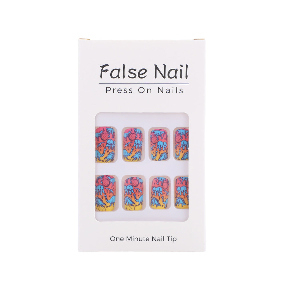 Playful Dinosaur Press-On Nails – Neon Rainbow Square Matte Acrylic Set