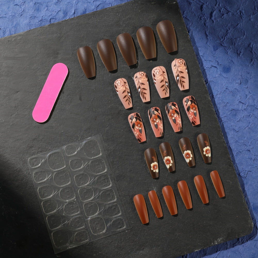Chic Floral Press-On Nails – Medium Square & Almond Matte Brown and Nude Nails