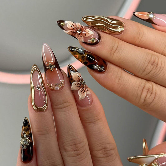 Elegant 3D Floral Press-On Nails - Almond Shape, Tortoiseshell Design, Acrylic Set