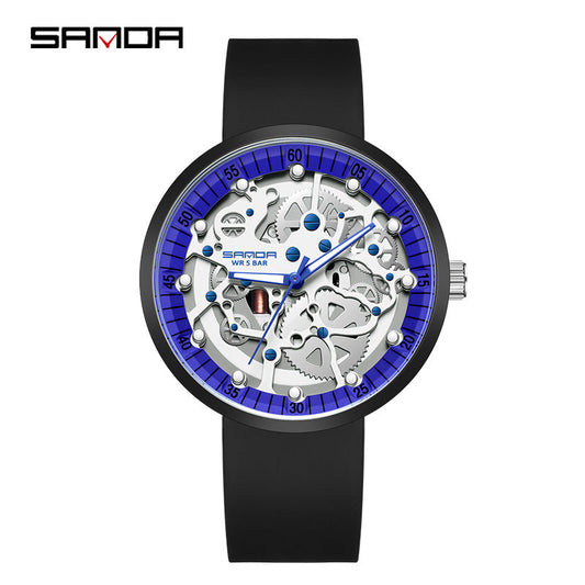 Sanda Men's Electronic Watch – Hollow Dial, Silicone Strap, Waterproof Shockproof