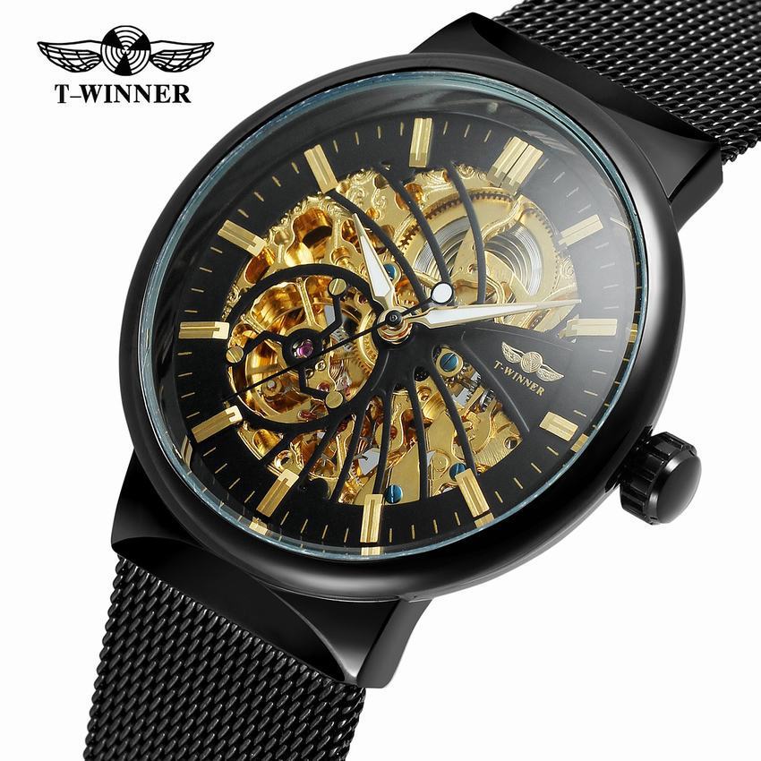 T-WINNER Automatic Mechanical Watch for Men – Mesh Strap, Waterproof Skeleton Design