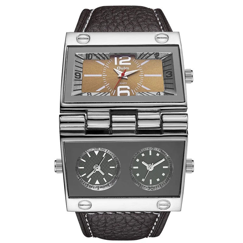 OULM 9525 Big Unique Design Three Time Zone Punk Style Leather Strap Wristwatch For Men