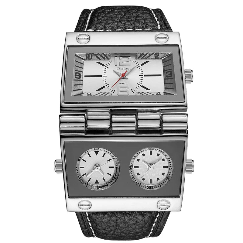 OULM 9525 Big Unique Design Three Time Zone Punk Style Leather Strap Wristwatch For Men
