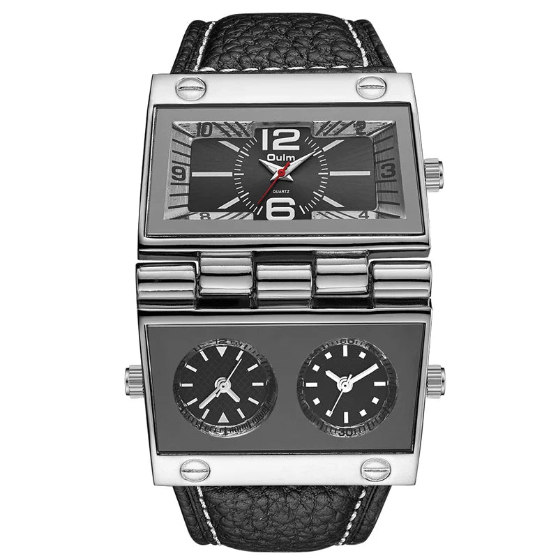 OULM 9525 Big Unique Design Three Time Zone Punk Style Leather Strap Wristwatch For Men