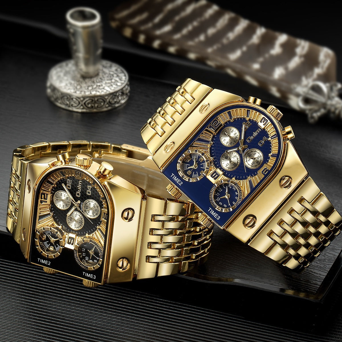 Oulm Ushaped Steel Big Dial Multifunctional watch for men 9315
