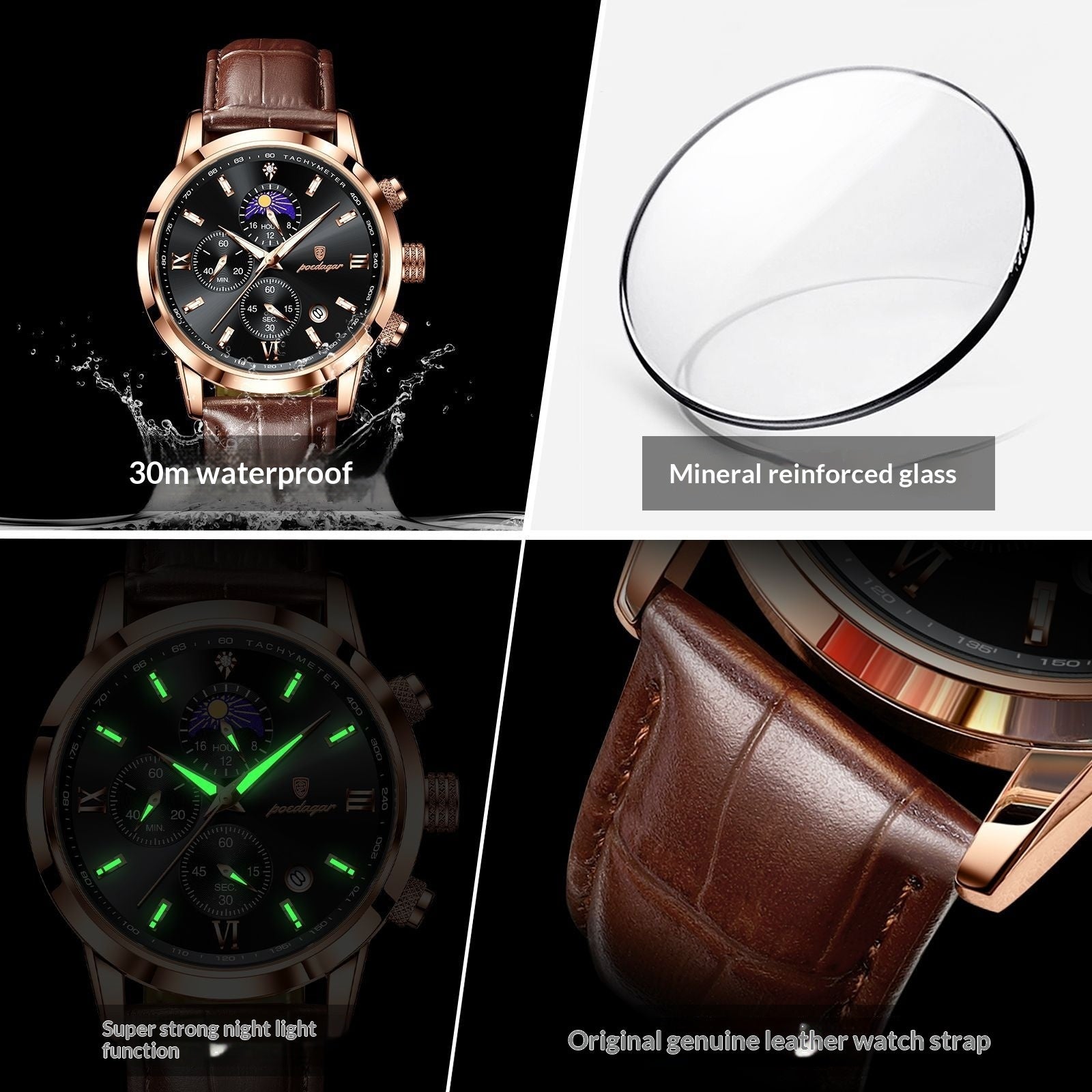 POEDAGAR 882 Quartz Moon phase Watch And Multi-function Chronograph watch for Men