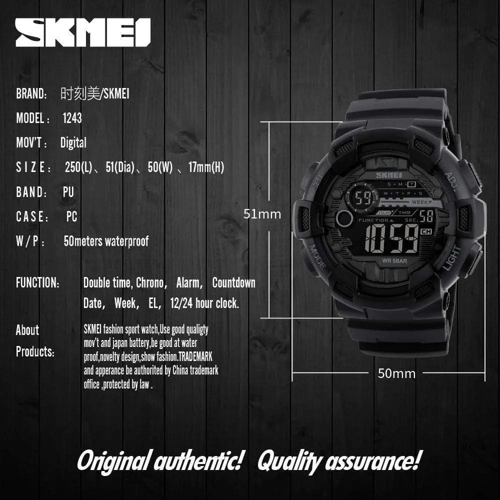 Skmei 1243 Original Digital waterproof Sports wrist watch Chronograph for Boys For Men