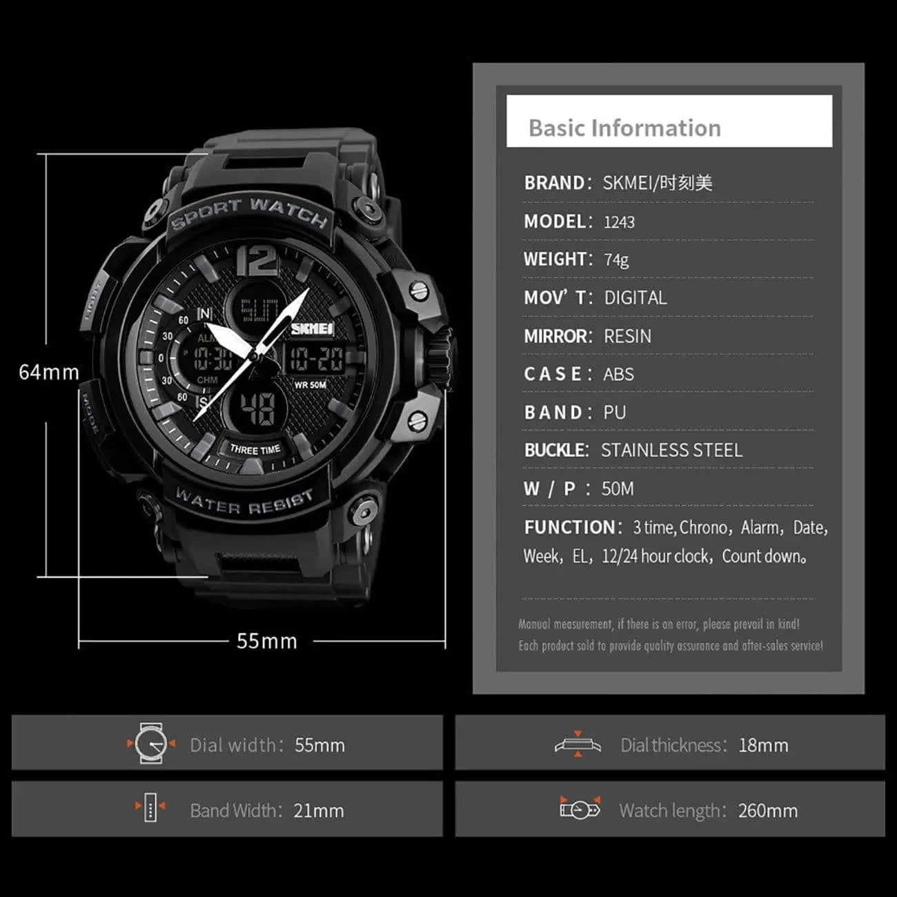 Skmei 1343 Original Analog Digital Waterproof sport watch for men