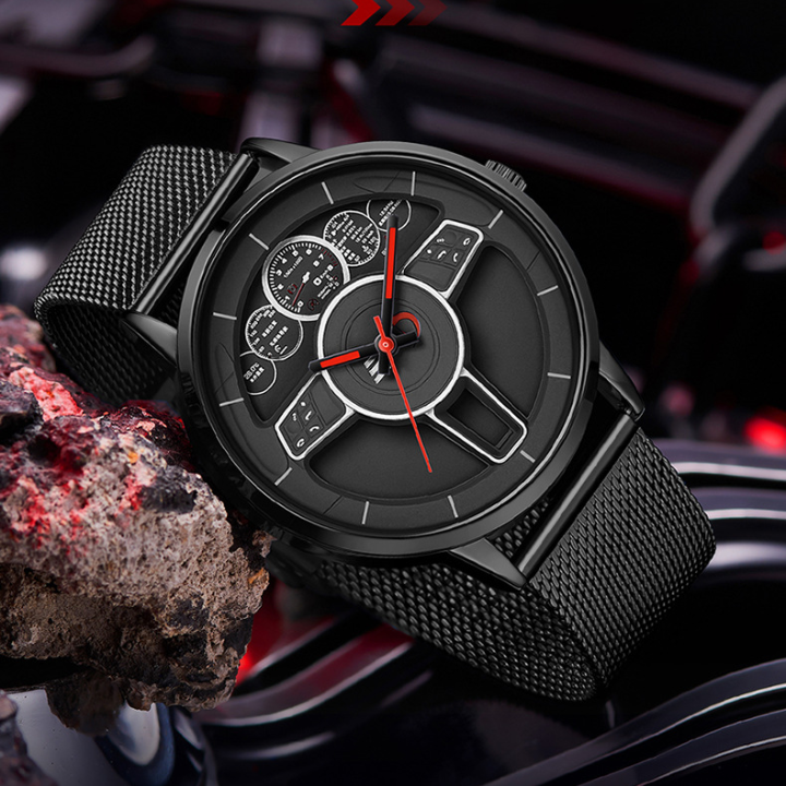 SANDA Steering Wheel Men’s Quartz Watch – Mesh Strap Waterproof Business Wristwatch