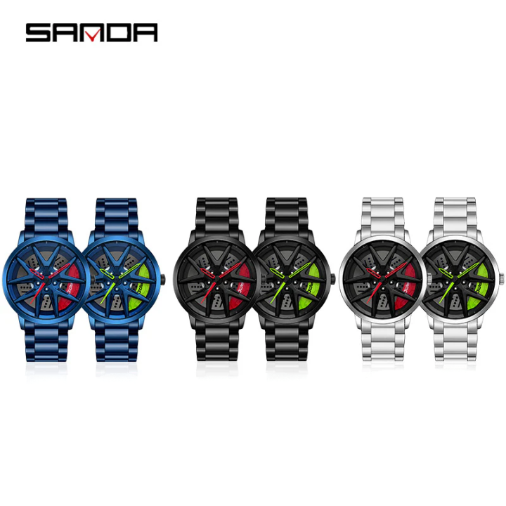 Sanda Men’s Quartz Watch – Wheel Dial, Stainless Steel Strap, Waterproof Sport Timepiece