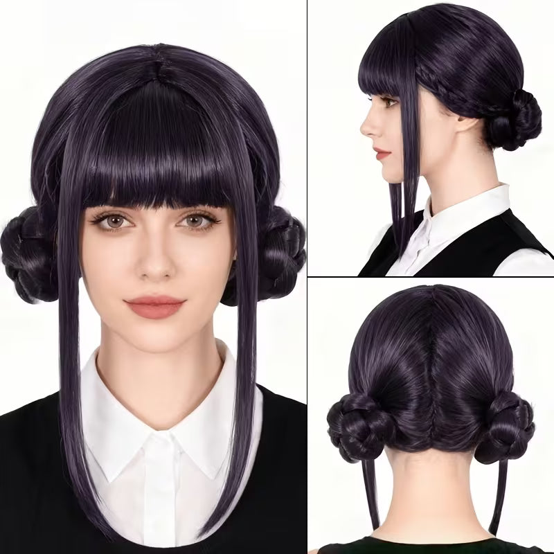 Black Double Braid Bun Women Costume Wig
