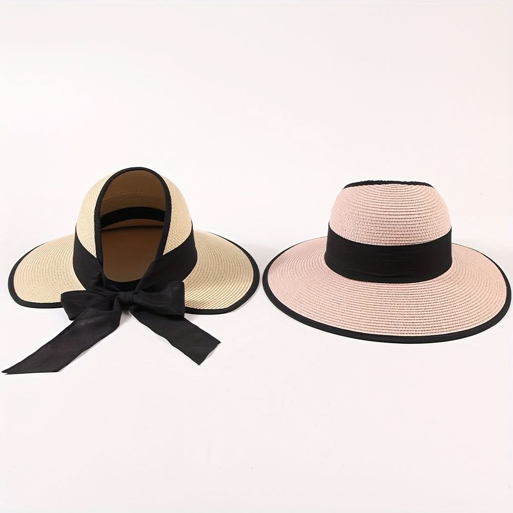 Women's Straw Sun Visor Hat with Ponytail Hole – Beach Cap with Bow