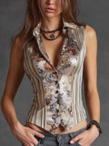 Vintage Floral Stripe Sleeveless Tailored Vest Top