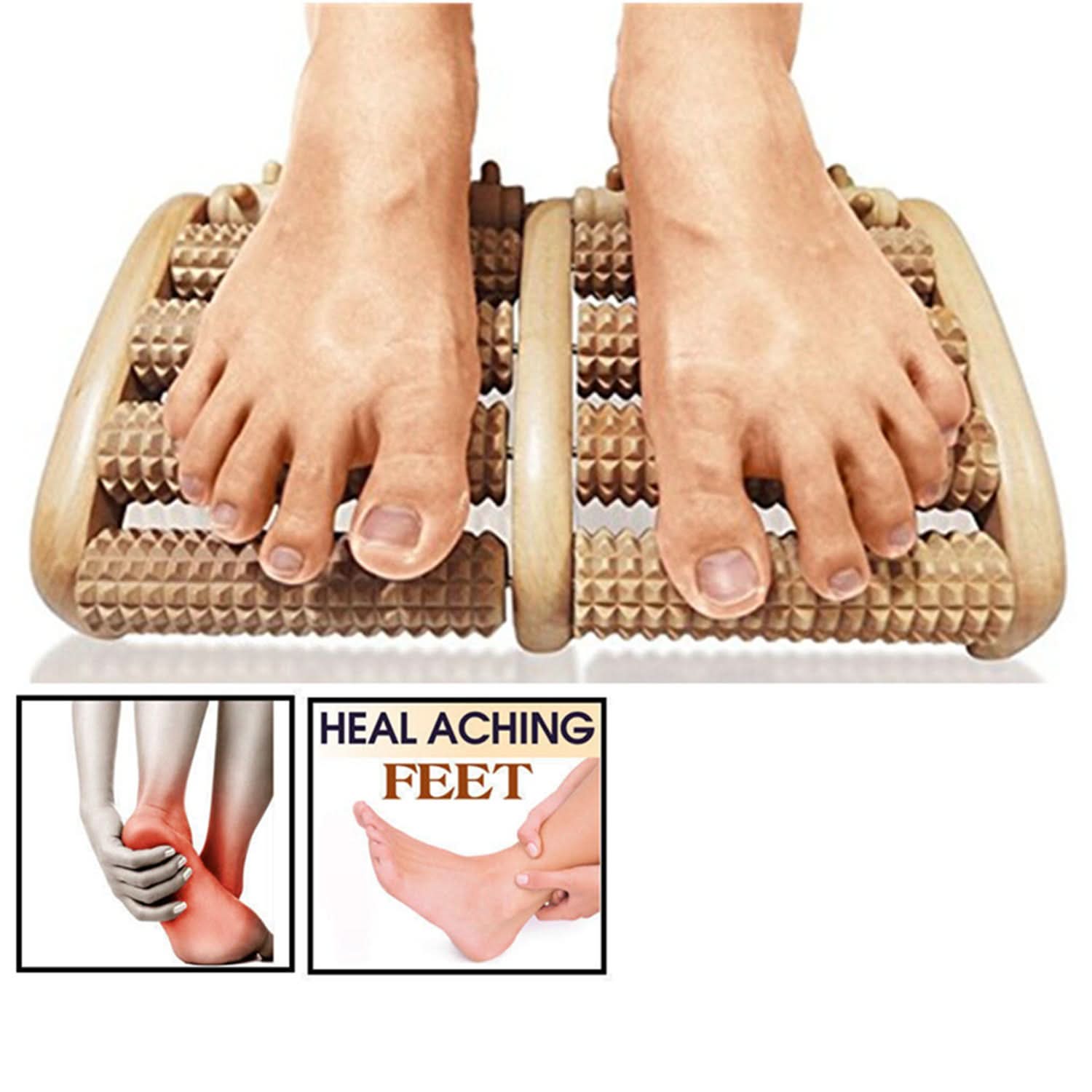 Wooden Dual Foot Massager Roller for Pain Relief