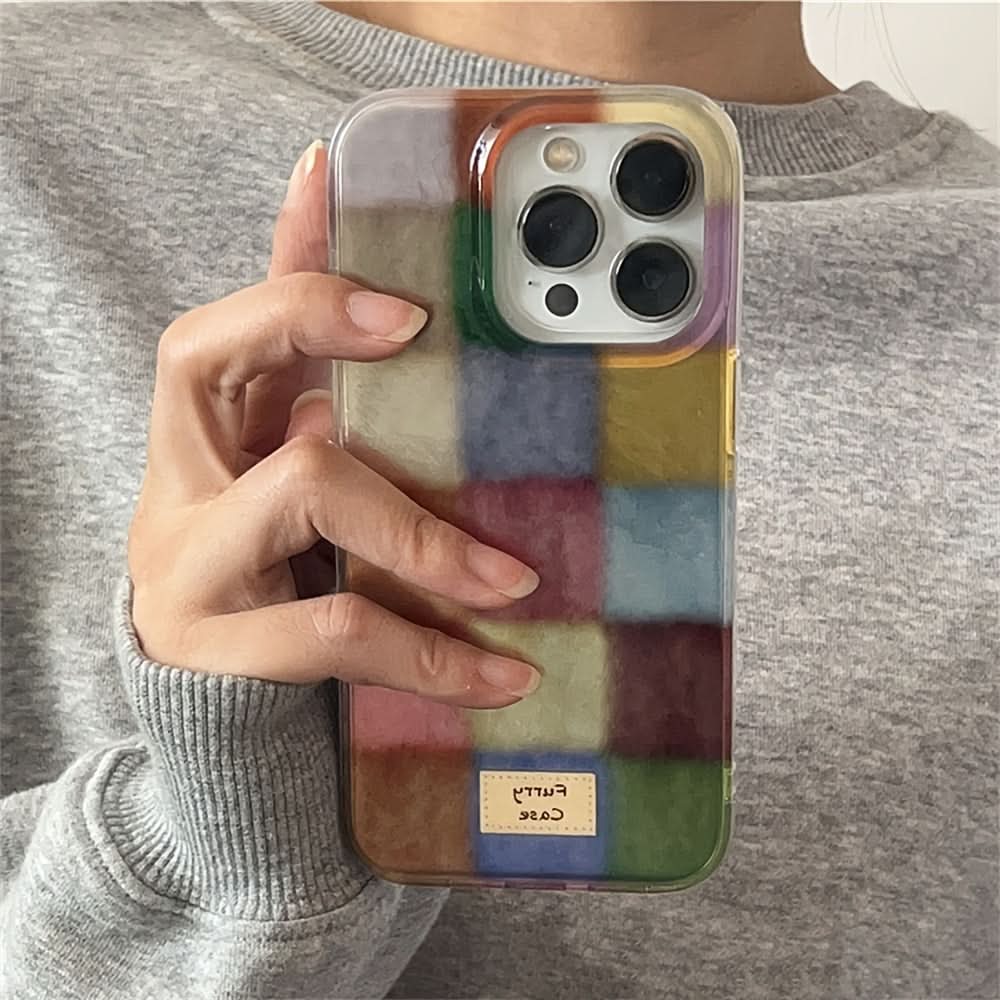 Cute Dopamine Color Block Plaid Clear Phone Case – Soft Silicone Back Cover