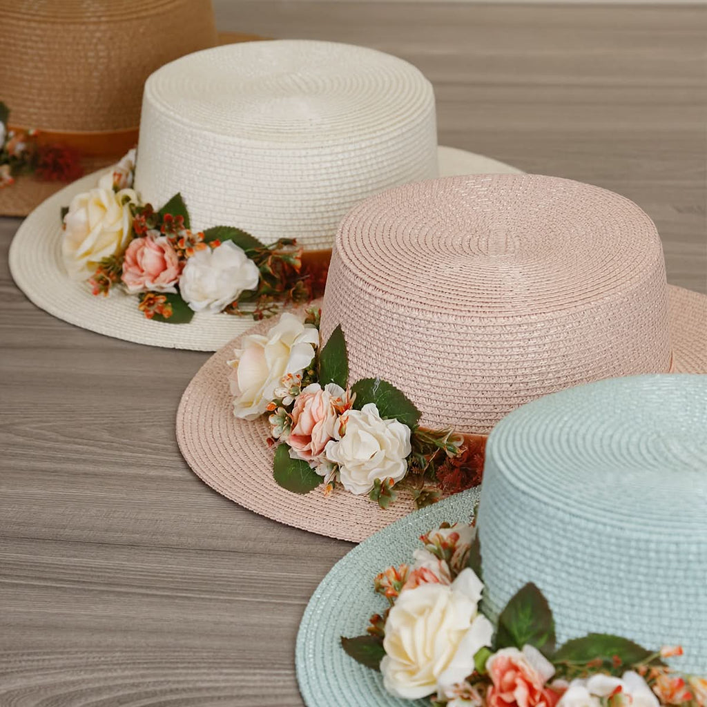 Women's Straw Fedora Hat with Rose Detail – Breathable Sun Protection