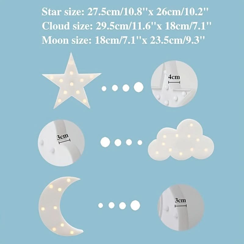 3pcs LED Crescent Moon & Star Cloud Night Lights – Wall-Mountable Decor