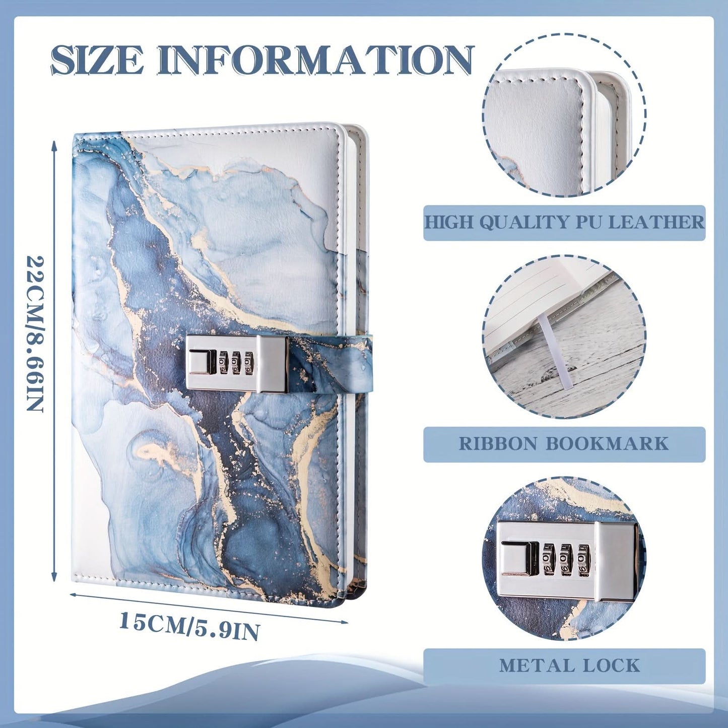 A6 Lockable Diary Notebook with Combination Lock – Blue Marble Wooden Cover