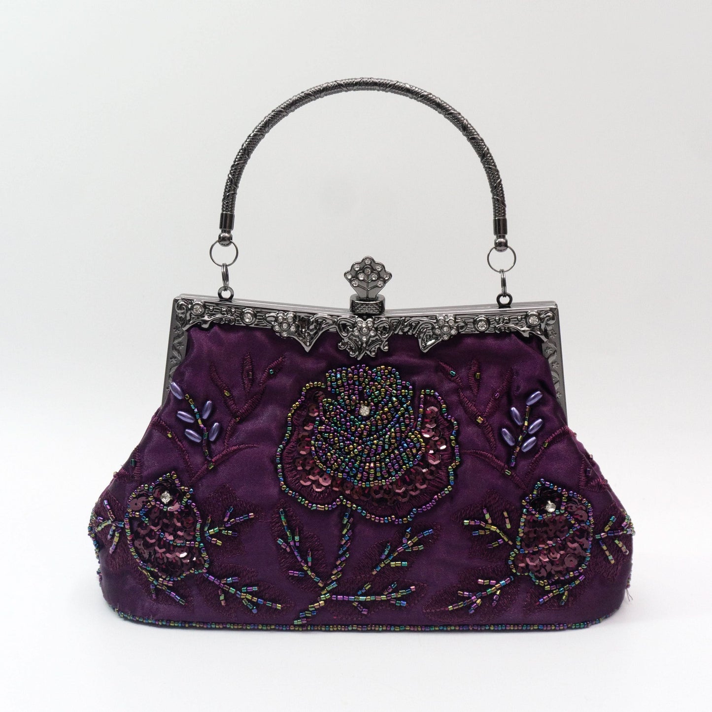 Vintage Floral Beaded Clutch, Satin Evening Bag