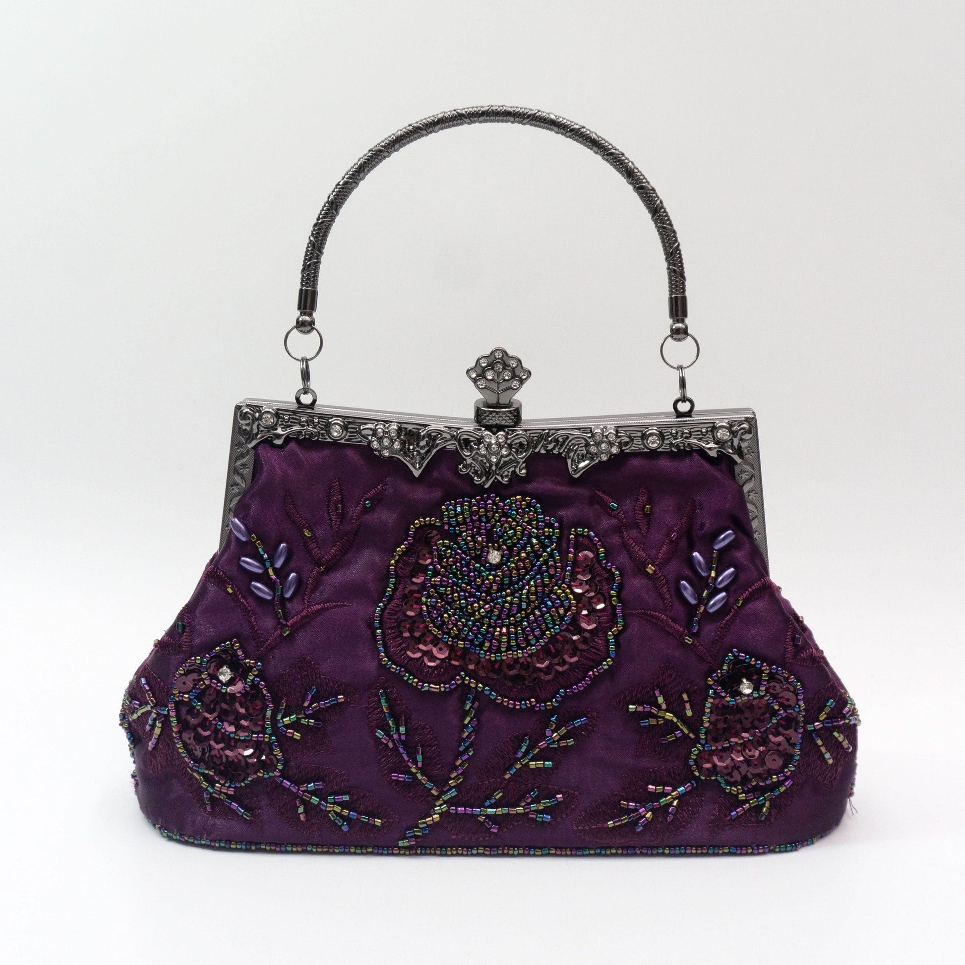 Vintage Floral Beaded Clutch, Satin Evening Bag